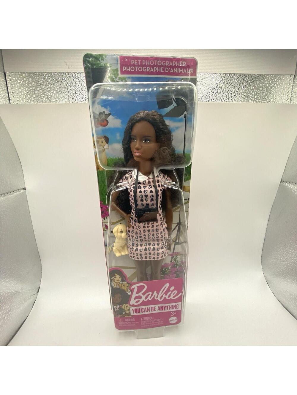 Barbie Pet Photographer With Camera and Puppy Black Curly Hair Petite Body